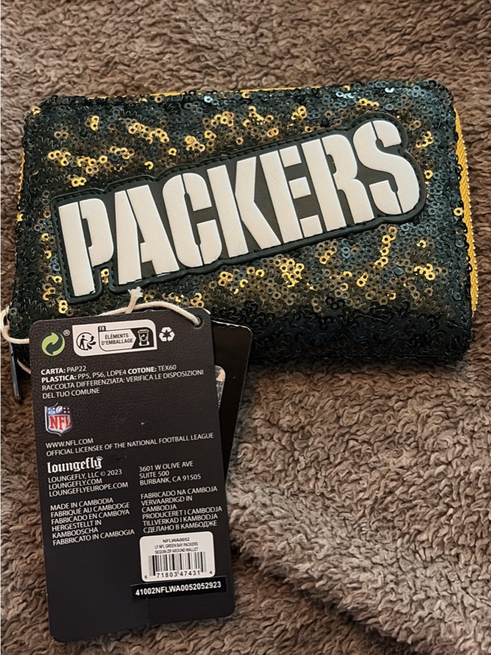 Loungefly Green and Gold Packers Sequin Wallet